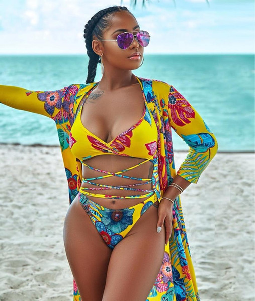 AHVIT Summer Sandbeach Printed Sexy Swimwear Three Piece Set Bandage Crop Top And Shorts And Beachwear Maxi Coat ME-Q086