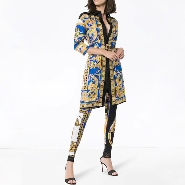 High quality 2019 spring summer new runway women's Printed Shirt+elastic pencil pants suits women's printed two peices set