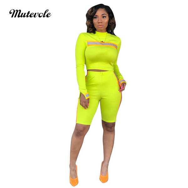 Mutevole Fashion Women Bodycon Reflective Two Piece Tracksuit Turtleneck Long Sleeve Crop Top and Shorts 2 Pieces Outfit Set