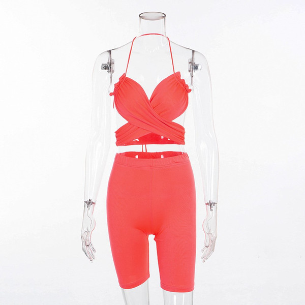 Summer New Sexy Halter Sleeveless 2 Piece Set Women Crop Top Tights Suits Casual High Waist Overalls