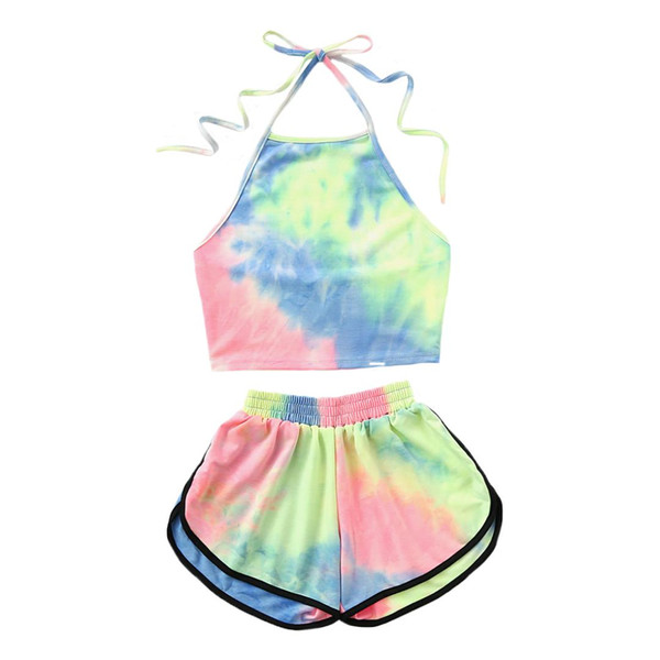 Ragdoll50 Women Camisole Set, Printed Summer Holiday Beach Wear 2 Pcs Set Halter Blooming Color Crop Top Shorts Outfit(S)