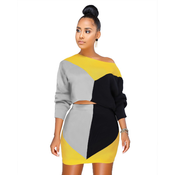 Spring Contrast Two Piece Skirt Set Women Long Sleeve ShortSweatshirt Top And Mini Skirt Casual 2 Piece Outfits