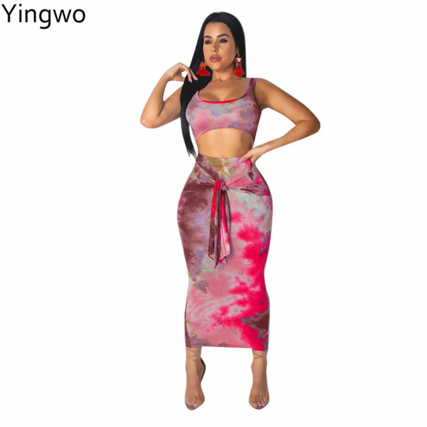 Rosy/Blue/Green Tie Dye Printed Fashion Woman Two Pieces Set Sexy Sleeveless Crop Tops Elastic Waist Midi Skirt Suit Online