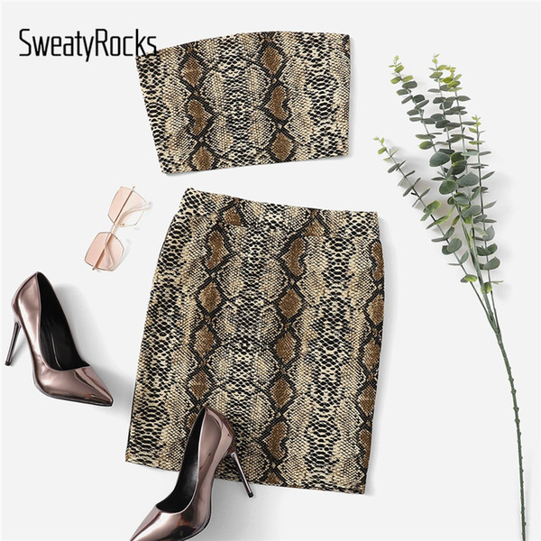 SweatyRocks Snake Print Bandeau And Slim Fitted Skirt Set Sexy Strapless Skinny Two Piece Set Summer Women Streetwear Outfits