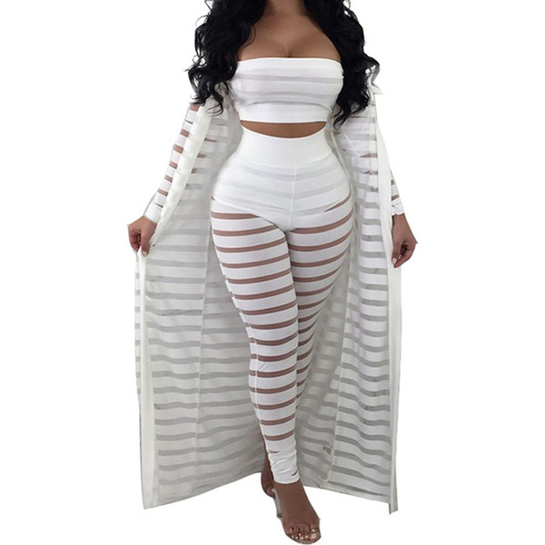 3 Pieces Set Womens Strapless Crop Top Sheer Stripe Mesh Pants Long Cardigan Set Plus Size Party Club Outfits