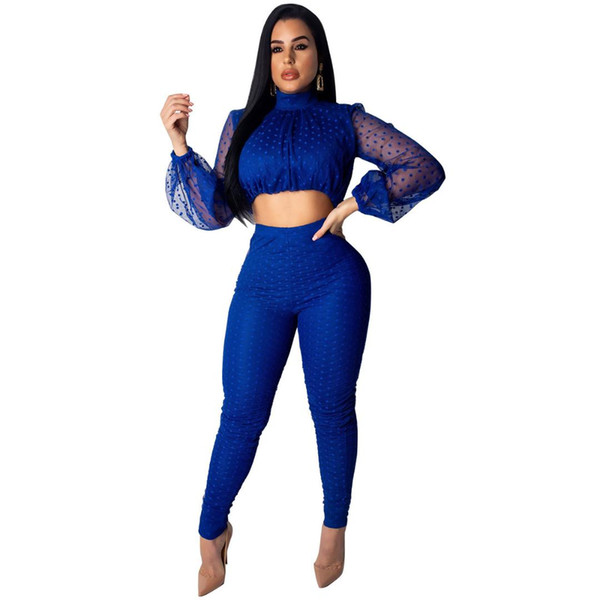 Sexy Mesh Patchwork 2 Piece Set Women Bandage + Pants Fashion Loose Two Piece Set Female