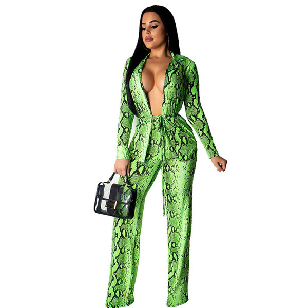 Sexy High Street Snakeskin 2 Piece Set Women Long Sleeve Tracksuits Coats And Pants Two Pieces Set Print Tracksuit Club Outfits