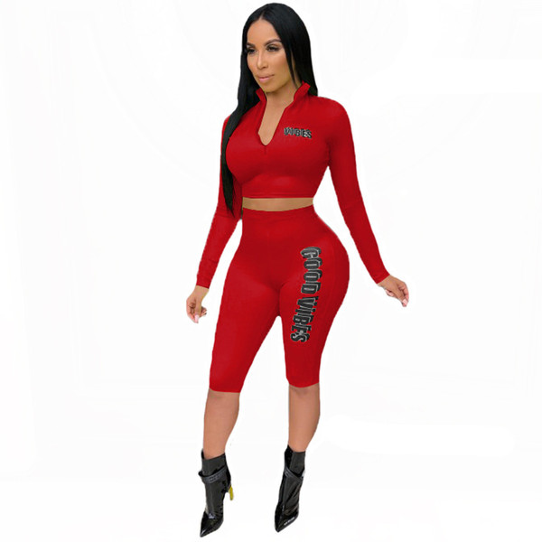 Summer Women Sweatsuit Letters Print Two Piece Set Tracksuits Zipper Bodycon Crop Top And Shorts Female Casual Outfits