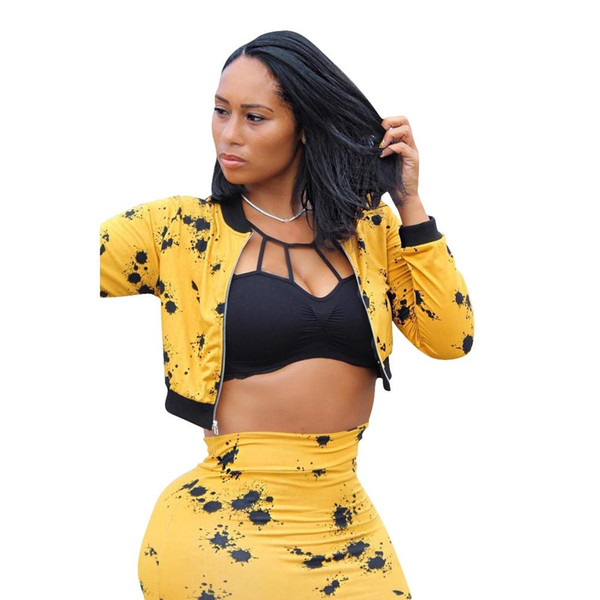 Spring Women Print Skirts Set Sexy Yellow Long Sleeve Midi Skirts Set Front Zipper Crop Top Two Piece