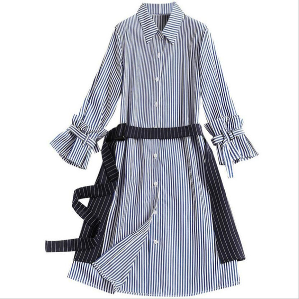 Dress Set Women Spring Striped Shirt Long Sleeve Lapel Loose Long Blouses + Waist Skirt Sets Girls Student Two Piece Suit 2019