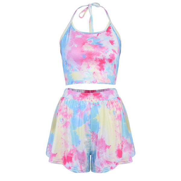 KLV TOP Ladies Summer Set Colorful Gradient Flower Print Sleeveless Shirt Shorts Two-Piece Set 2.27