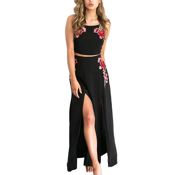 Fashion Summer Solid 1Set womens two piece sets Sexy Appliques Rose Print Sleeveless Strap Camisole Shirt+Skirt holographic