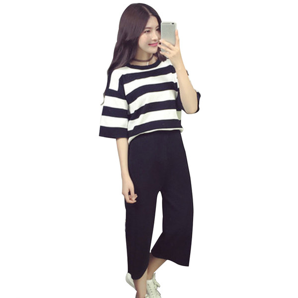 Summer Woman Wide Leg Pants Student Casual Fashion Black-White Stripe T-Shirt Two-piece Set