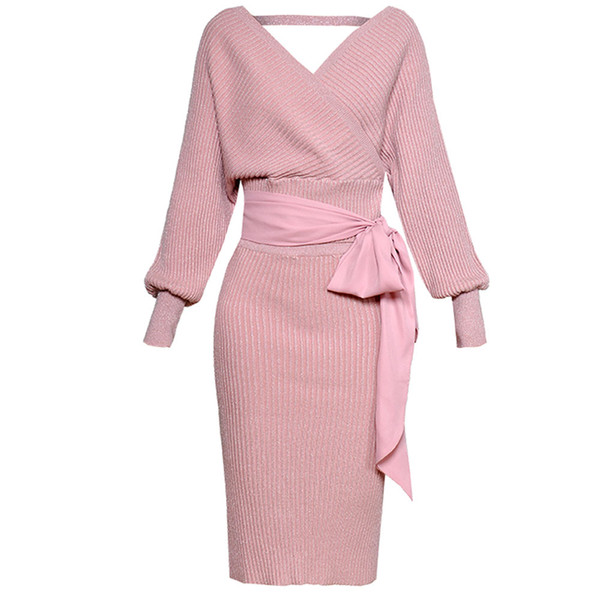 Red RoosaRosee Sexy Backless Bright Loose Batwing Sleeve Tops + Stretch Skirt Fashion Knitted Suit Women's Black Pink Sets 2019