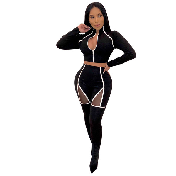 2019 Two Piece Set Tracksuit Women Side Striped Zipper Sexy Sweatshirt Sweat Suit Tops+Pants Wear Casual Sets