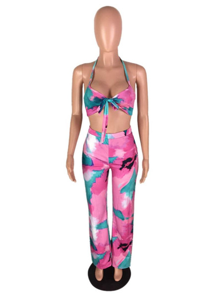 New Floral Print Women Two Piece Set Fashion Halter Crop Top Wide Leg Pants Sexy Suits Female Beach Outfits