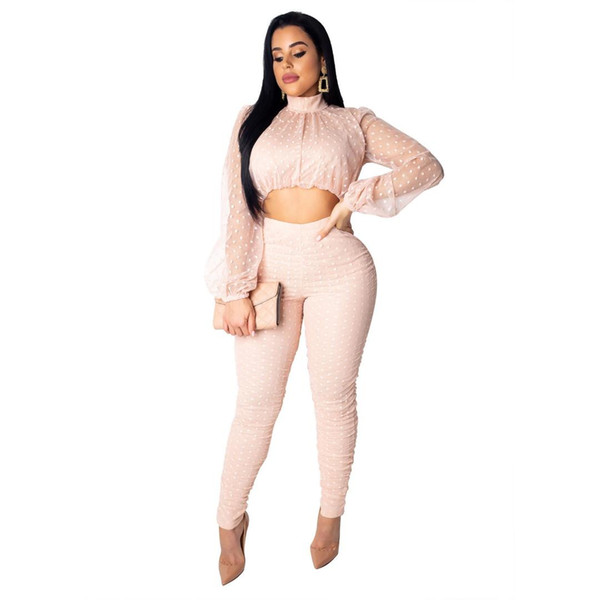 Women Sexy 2 Piece Set Polka Dot Print Mesh Crop Top and Skinny Pants Party Club Outfits Women Set