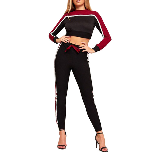 Women Playsuit 2pcs Set Sportswear Striated Sports Tracksuit Hit Color Crop Top+pants Romper Casual Long Sleeve