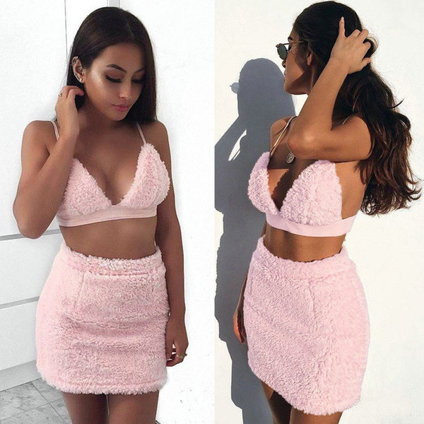 Plus Size Sexy Women 2pcs Vest Fuzzy Plush Bodycon Crop Top+Mini Skirt Set Backless Suits Party Clubwear Clothes Sets S-XL