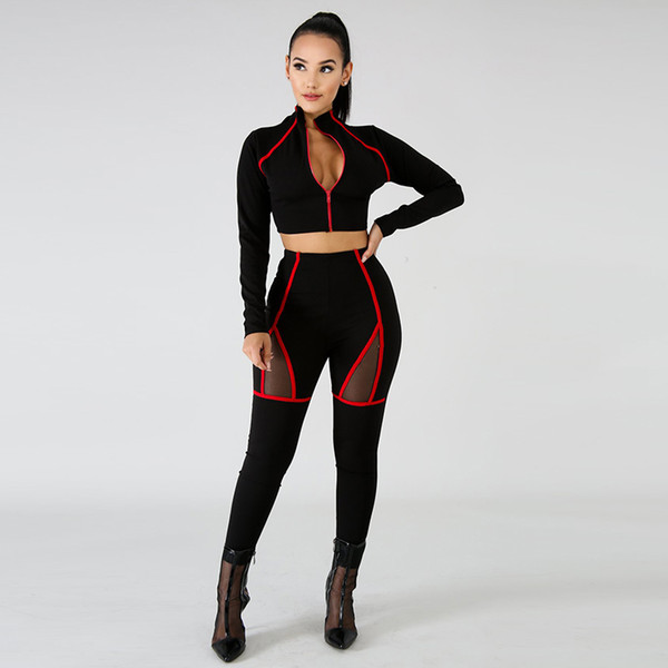 Fashion Striped Women Two Pieces Set Sexy Deep V-Neck Crop Top And Mesh Patchwork Skinny Pants 2pcs High Street Tracksuit Outfit