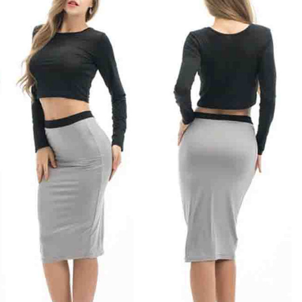 Crop Top Skirt Set Women 2 Piece Black Tops Grey Skirts Bodycon Suit Set Ladies Summer Sexy