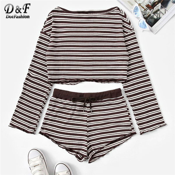 Dotfashion Coffee Lettuce Trim Striped Crop Tee And Drawstring Shorts Set Women Spring Casual Long Sleeve Two Piece Outfits