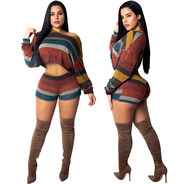 Full Sleeve Winter tracksuit Women Set O-Neck Stripe Crop Top+ Shorts Lady Fashion Sexy Two Pieces Suits Casual 6140