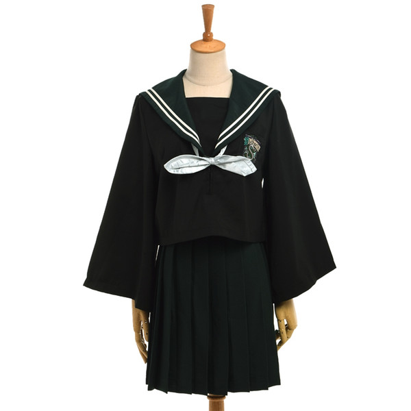 Harry Potter Cosplay Girls Casual Slytherin JK Uniform Set Black Shirt Tops with Bow Tie +Green Pleated Skirt Outfit