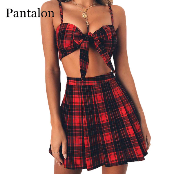 Pantalon Women Set Black Red Checkered Set Women Checker Board Top and Skirt Plaid Pantalon Cuadros Summer Top Women's Clothing