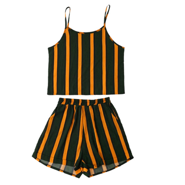 MUQGEW 2PCS Fashion Womens Stripe Sexy Stripe Printed Tank Tops Two Piece Pants Set Women Camis + Print Shorts Pants Set