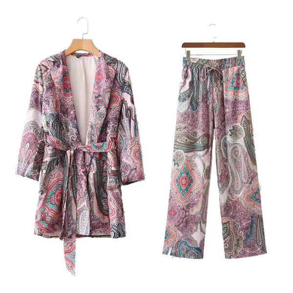 2018 Women Paisley Printing 2 Pieces Sets Plus Size Kimono Jacket Elastic Waist Trousers Leisure Suit Pants Summer Vacation Sets