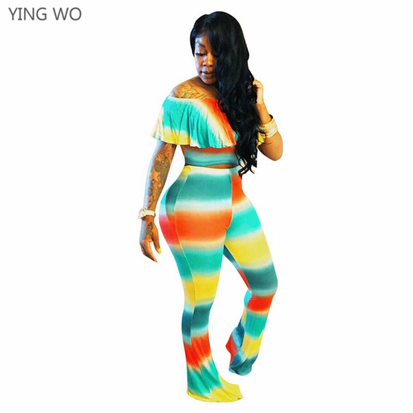 Multi Color Tie-dye Printed Fashion Women Two Pieces Set Sexy Off Shoulder Slash Neck Ruffles Crop Top S-3XL Big Size Pants Suit