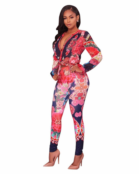 2018 New 2 Piece Set Women Printed Shirts Blouses and Long Skinny Pants Ladies Suit 2 Piece Outfits S-XL XXL XXXL