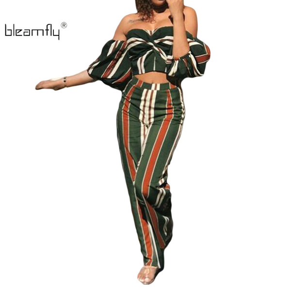 Striped Sexy 2 Piece Set Women Off Shoulder Strapless Crop Tops And Wide Leg Pants Suit Casual Two Piece Summer Outfits 2018