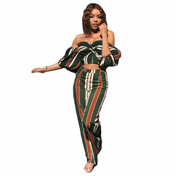 Sexy Two Piece Set Women Autumn Striped Strapless Slash Neck Crop Top and Wide Leg Pants Suit Club Wear Party 2 Piece Outfits