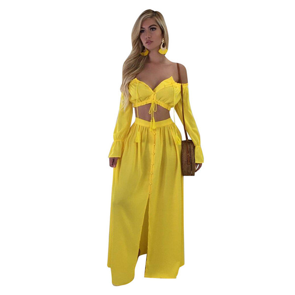 Summer Beach Casual Chiffon 2-Piece Dress Women's Long Sleeve Sexy Slash Neck Cropped Tops + Floor-length EleSkirt Set