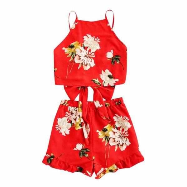 Women's Boho Ruffle Floral Print Spaghetti Strap Crop Cami Top With Shorts Sets Women's printed vest and shorts two-piece