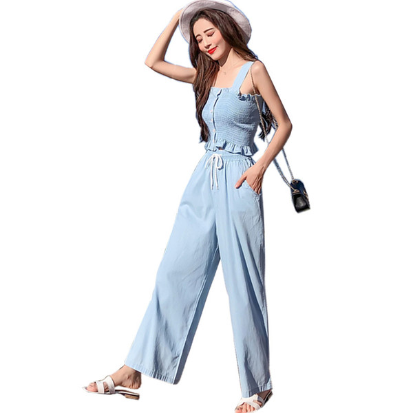 Sweet ladies pants and top set 2018 summer suits comfortable silk denim two piece pants set women crop top and