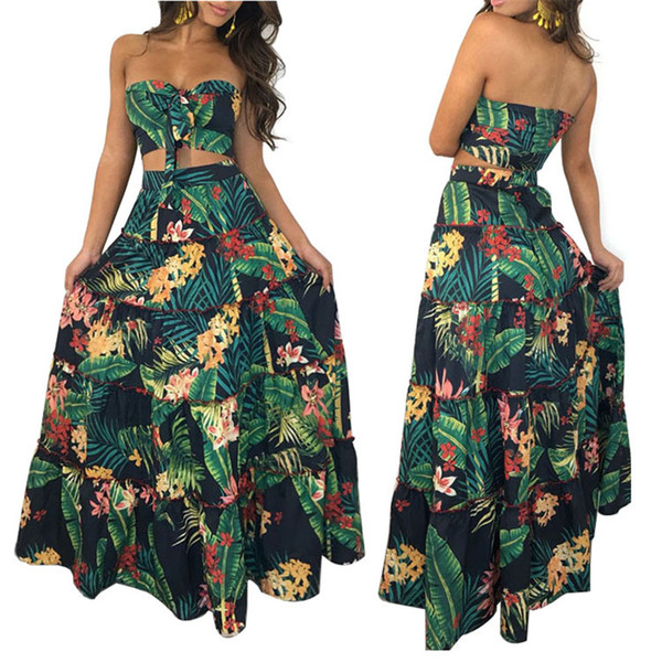 Summer women sexy beach suit 2 piece set tube top / long skirt wood ear 3D printing leaves flowers floral Bohemia full set