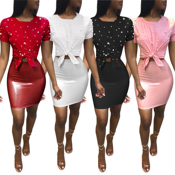 Women Summer 2 Piece Outfits Fashion Short Sleeve Pearls T-shirt Top and PU Leather Mini Skirt Set Club Wear Two Piece Dresses