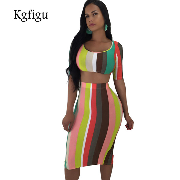 KGFIGU two piece set 2018 women Rainbow stripe dress Casual side striped t shirts crop tops and skirts bodycon 2 piece set