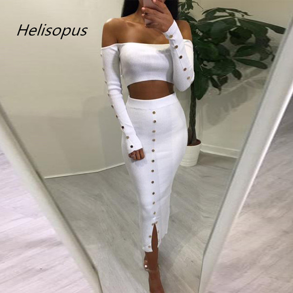 Helisopus Women Off Shoulder Sexy Two-piece Set Red Yellow Colors Autumn Long Sleeve Crop Tops Buttons Split Dress Vestidos