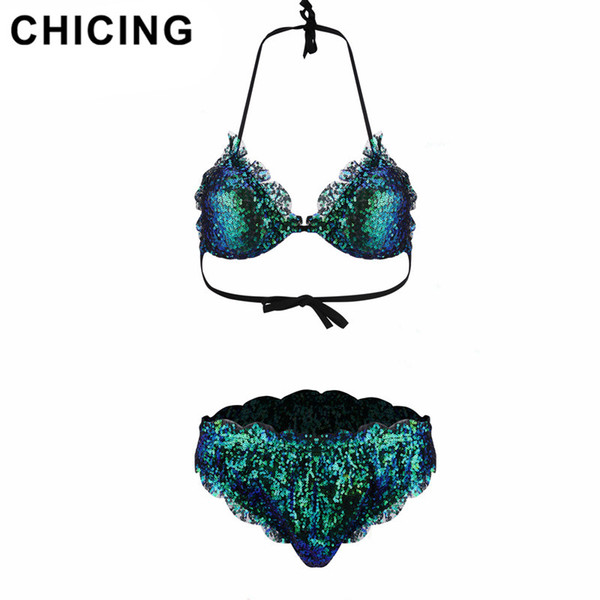 CHICING Hollow Out Sequined Printed Sexy Women Beach Push Up Brazilian Set Bathing Suits SW173