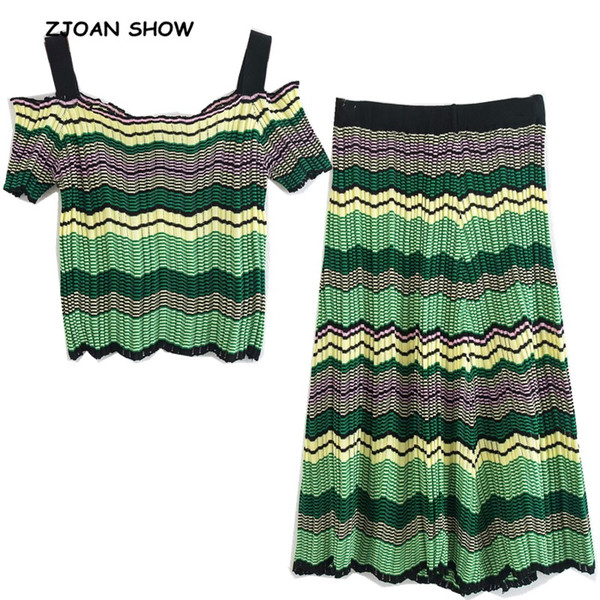 2019 Summer Wave Striped Off shoulder Knit Tank Top Crop Top Sexy Women Knee length Knitted Skirt Wear Camis Tops 2 Pieces Set