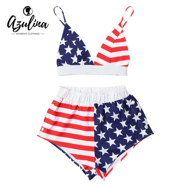 AZULINA Backless American Flag Cami Shorts Set Two Pieces Set Women Spaghetti Straps Sleeveless Crop Top High Waist Shorts Suit