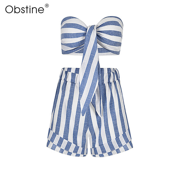 Summer Deep Strapless Women's Sets Striped Blue 2 Pieces Set Crop Top and Shorts Elastic Waist Two Piece Set Women Clothes