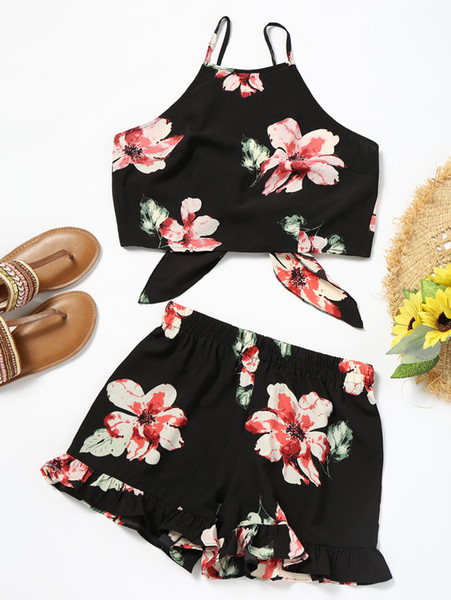 ZAFUL Women Two Pieces Set Floral Bowknot Spaghetti Strap Crop Top High Waist Shorts Set Hollow Out Backless Beach Summer Sets