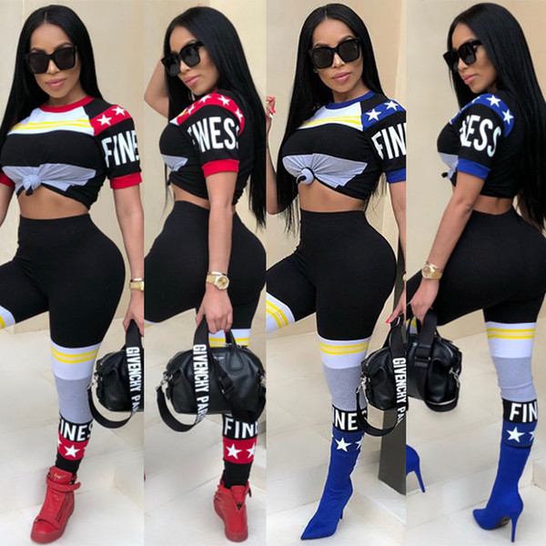 Sexy Women Spring Tracksuit Summer Sportswear Striped Splicing T-shirts+pencil Pants 2PCS Sets Letter Printed Tops Leggings Jogger Suit XXXL