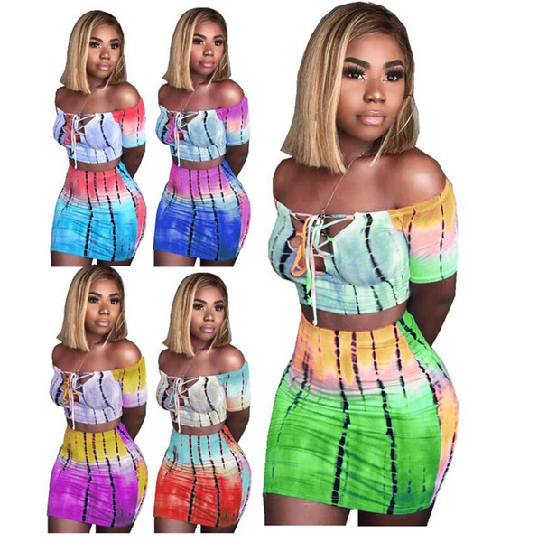 Women Off Shoulder Short Sleeve Sexy Lace Up Crop Top + Mini Skirt Two Piece Set Beach Rainbow Gradient Dress Suits Tracksuit A3153