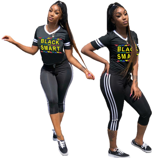 Black Smart Letters Tracksuit Short Sleeve Women Clothing Set Sexy V neck Striped T Shirts Mid-Calf Leggings Pants 2Piece Sportswear A429